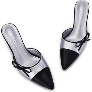Mules Heels Silver Faux Leather Closed Pointed Toe Slip On Backless Shoes Pumps
